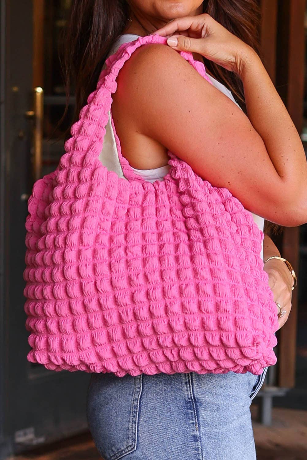 Rose Red Puffy Texture Casual Shopping Bag – Oversized Bubble-Pleated Tote (One Size)
