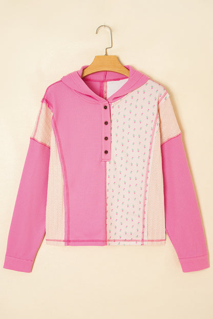 Pink Waffle Floral Patchwork Hooded Oversized Pullover