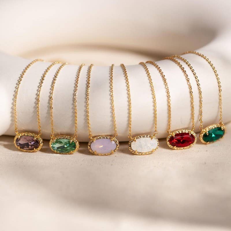 Emerald Glow Bezel Necklace | Gold Oval Gemstone Pendant Necklace