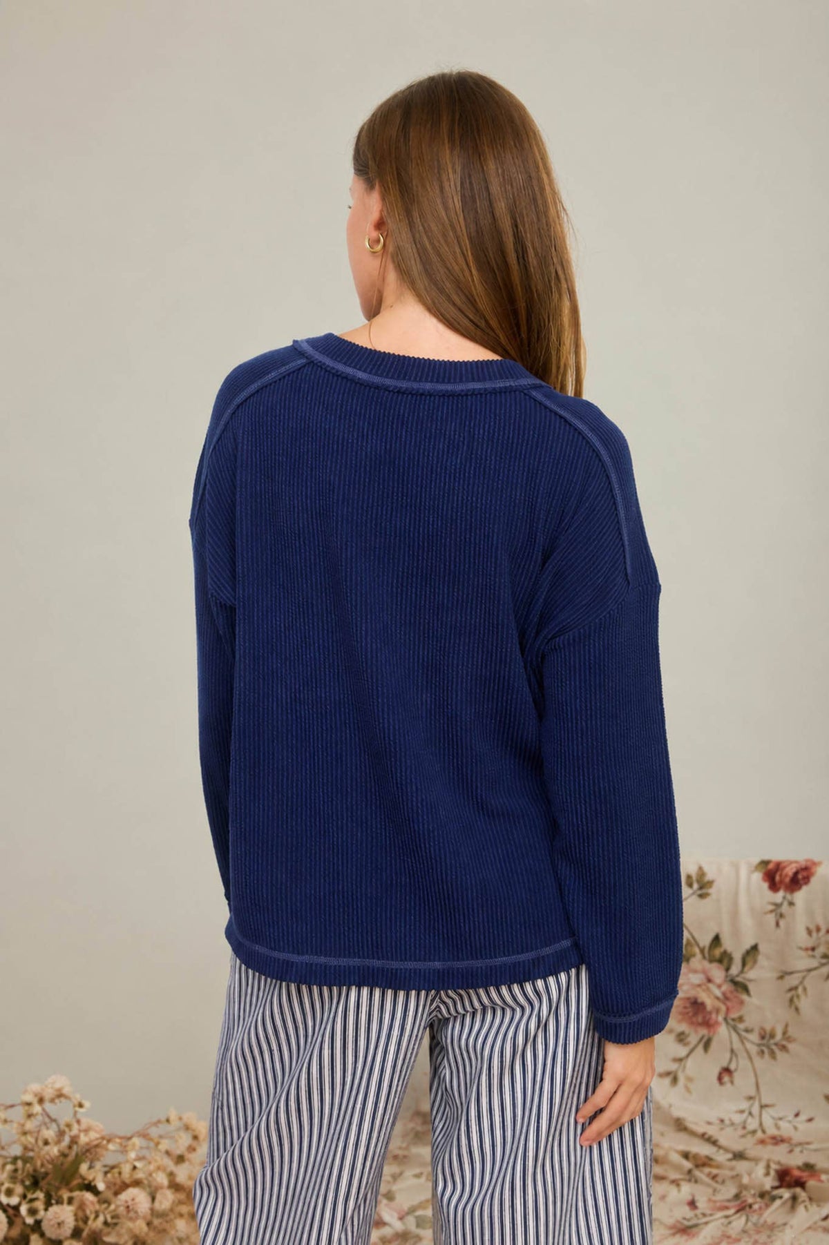 Navy Days Ribbed Knit Top | Exposed Seam Relaxed Long Sleeve Pullover