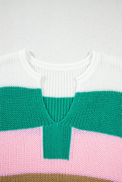 Multicolor Color-Block Notch V-Neck Sweater – Vibrant & Cozy Pullover