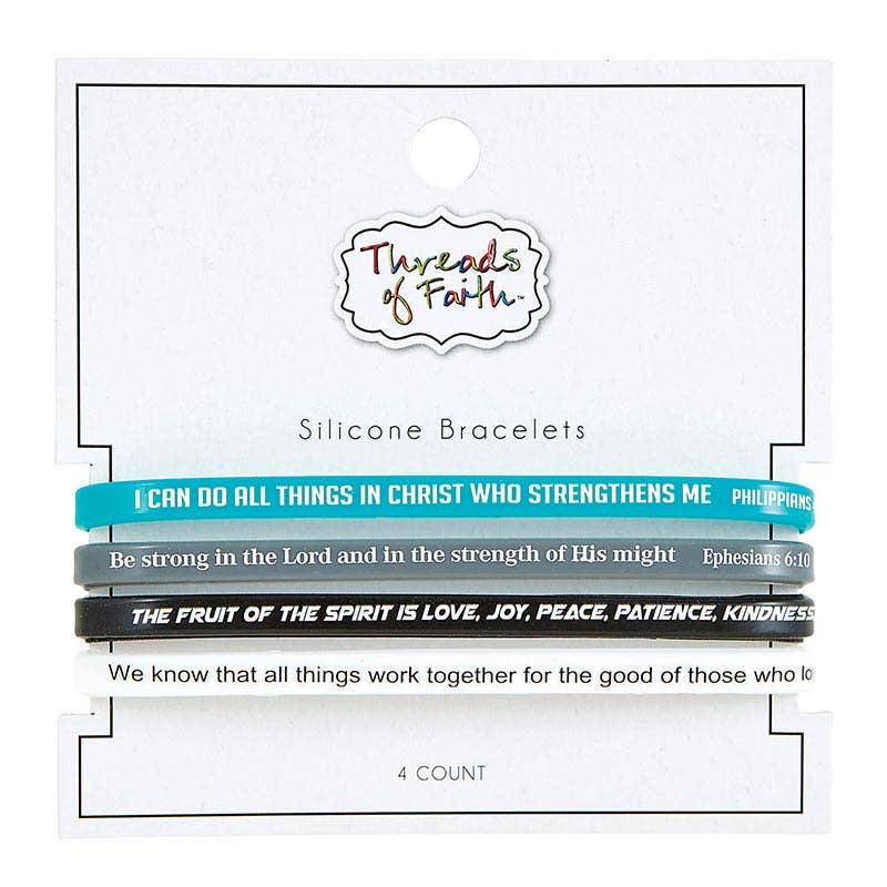 Threads of Faith Scripture Verse Silicone Bracelet Set | 4-Pack Christian Stretch Bracelets