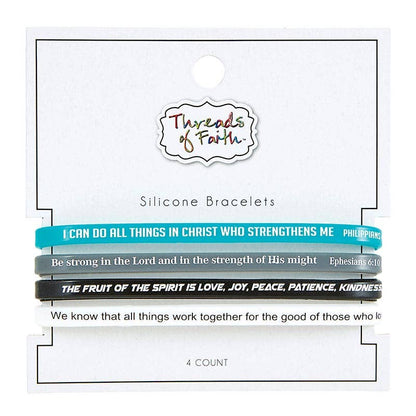 Threads of Faith Scripture Verse Silicone Bracelet Set | 4-Pack Christian Stretch Bracelets