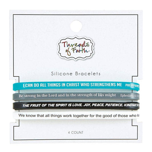 Threads of Faith Scripture Verse Silicone Bracelet Set | 4-Pack Christian Stretch Bracelets
