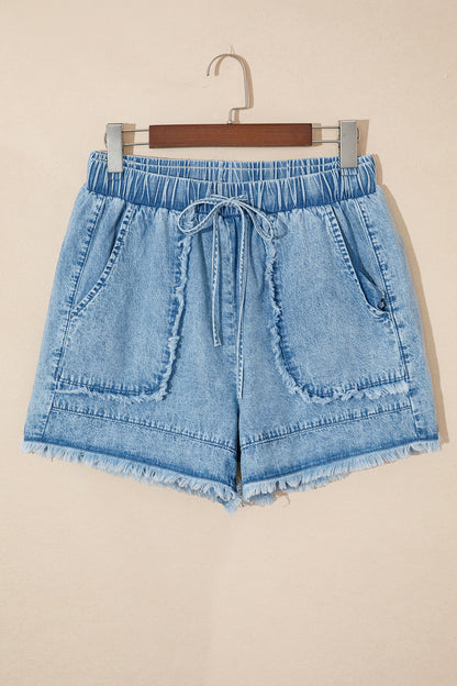 Easy Breezy Frayed Denim Shorts | Elastic Waist Drawstring Boutique Shorts