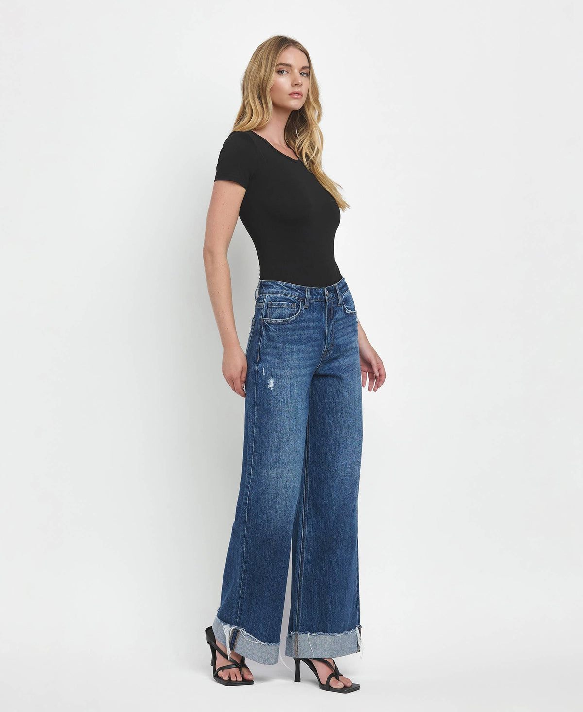 Vervet Super High Rise Baggy Wide Leg Jeans | Dark Wash Cuffed Denim T6614