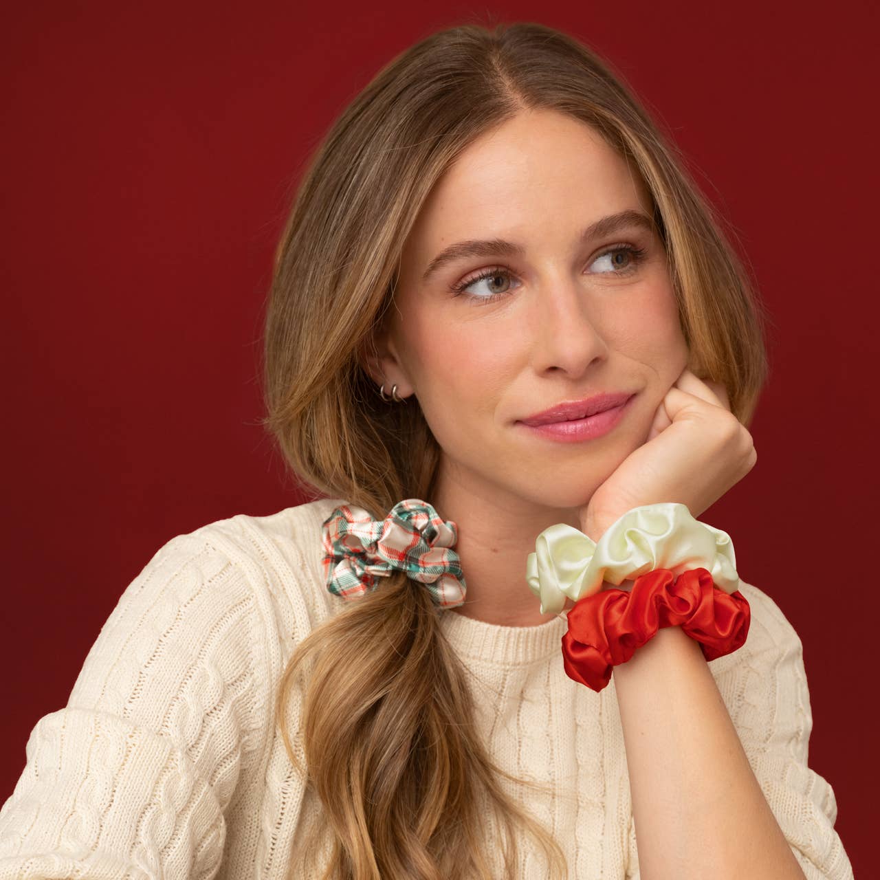 Kitsch Holiday Scrunchies 3pc Set | Red Ivory & Plaid Festive Hair Ties