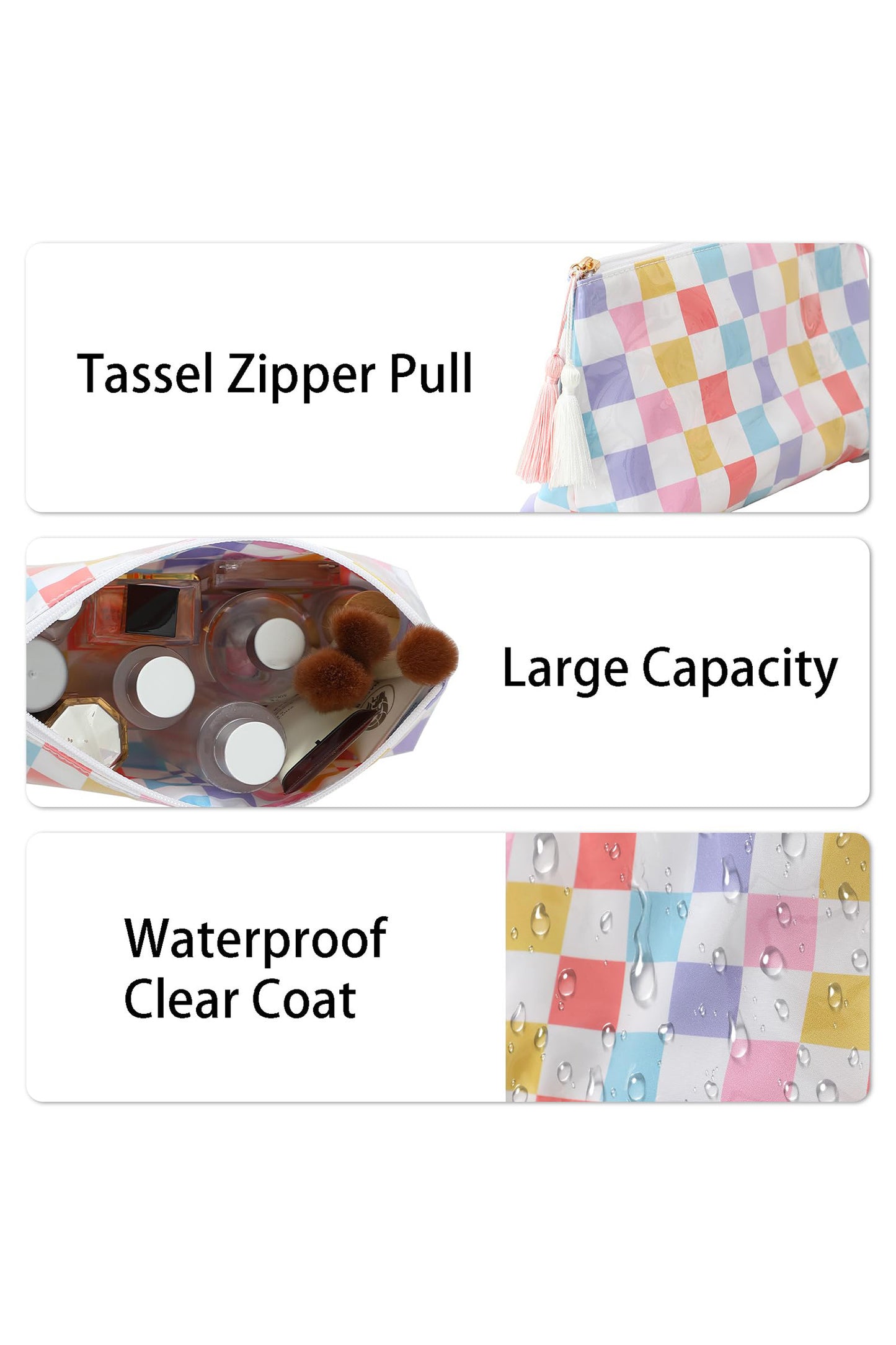 Pastel Checkered Tassel Makeup Bag | Waterproof Vinyl Zipper Pouch