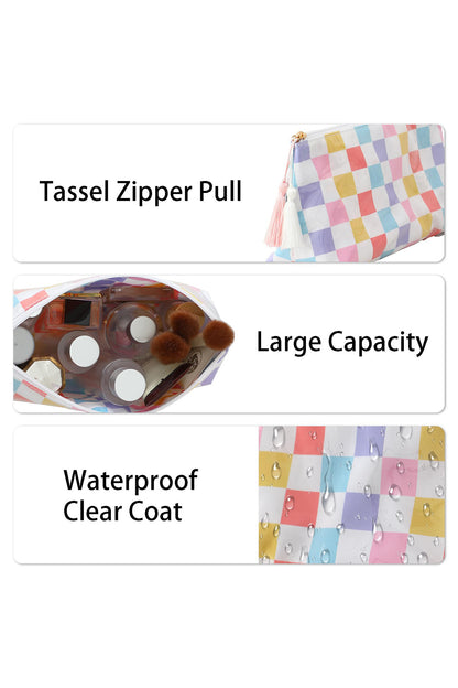Pastel Checkered Tassel Makeup Bag | Waterproof Vinyl Zipper Pouch