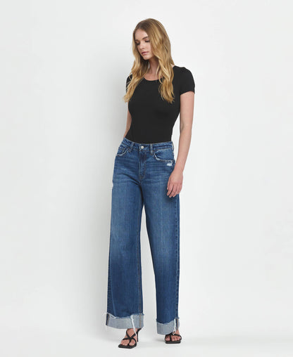 Vervet Super High Rise Baggy Wide Leg Jeans | Dark Wash Cuffed Denim T6614