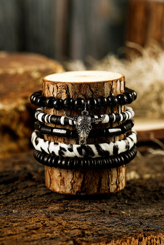 Western Skull Bracelet Set – Black Timber Bead Stack with Longhorn Charm (5pc Set)