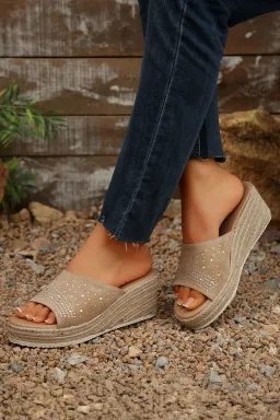 Beige Rhinestone Suede Slip-On Wedge Slippers | Cozy Chic Boutique Footwear