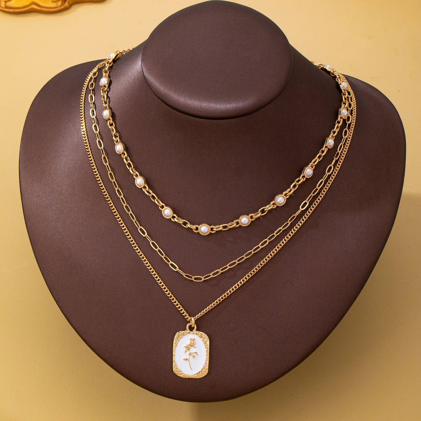 Vintage Rose Layered Necklace | Gold Pearl & Enamel Pendant Necklace