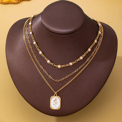 Vintage Rose Layered Necklace | Gold Pearl & Enamel Pendant Necklace