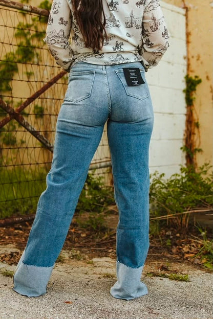 Mid Wash High Rise Cuffed Trouser Jeans | Lucky & Blessed Western Wide Leg Denim