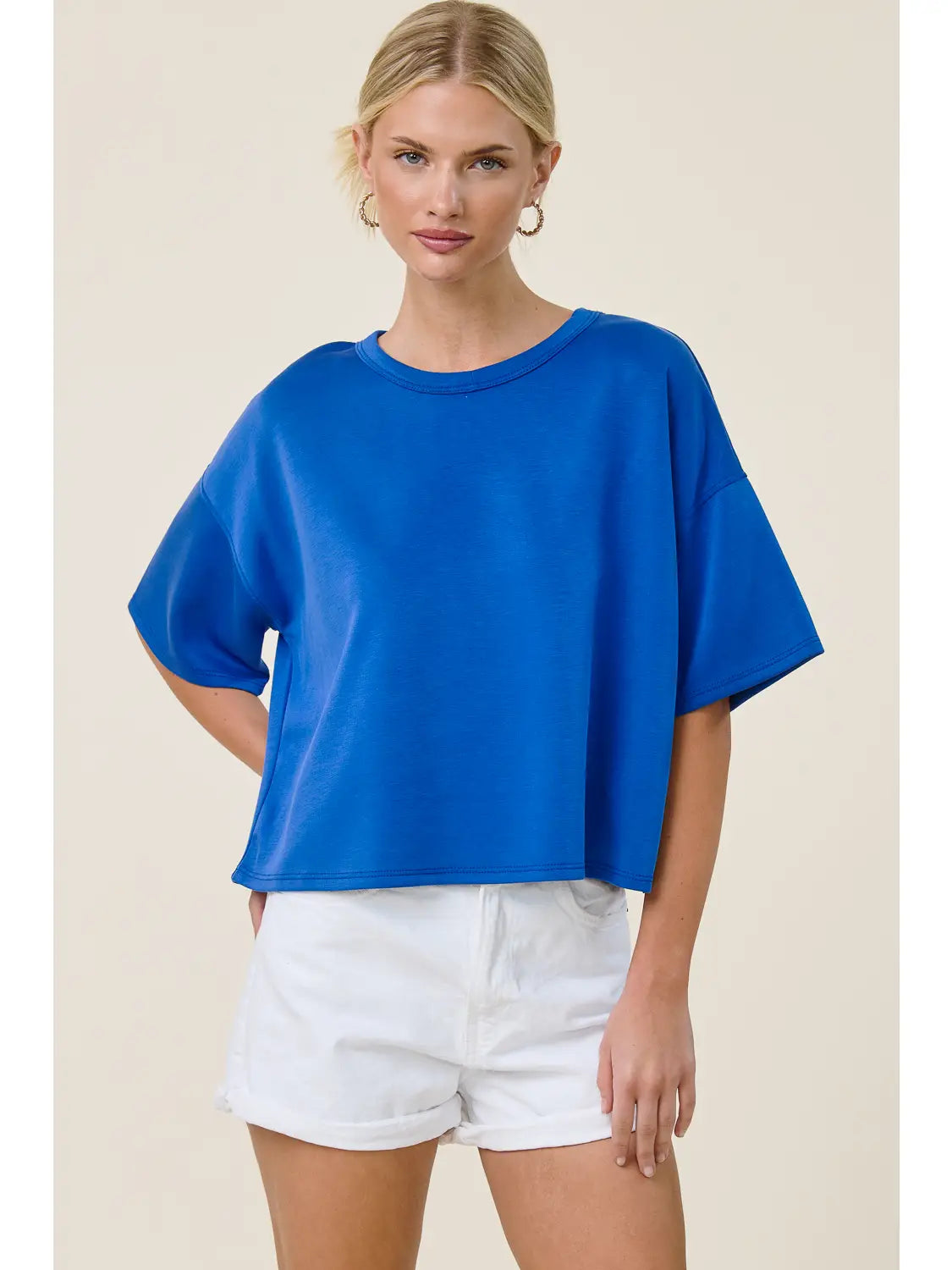 Boxy Short Sleeve Scuba Knit Top – Cropped Relaxed Fit Structured Scuba Shirt