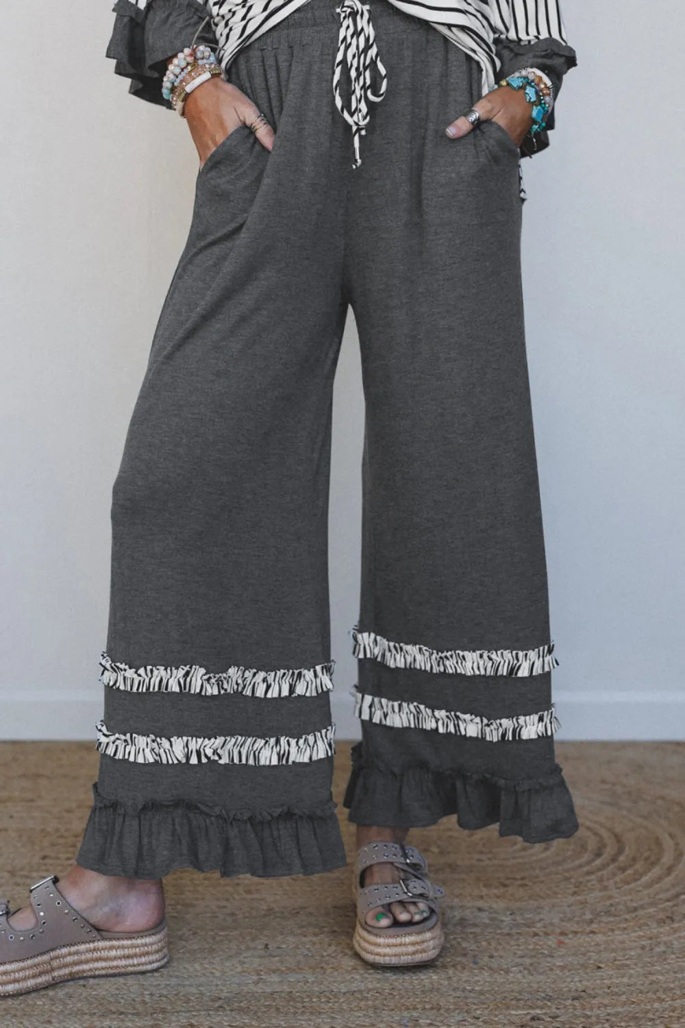 ~PREORDER~ Gray Stripe V Neck Ruffle Contrast Sleeve Pants Set ~PREORDER~