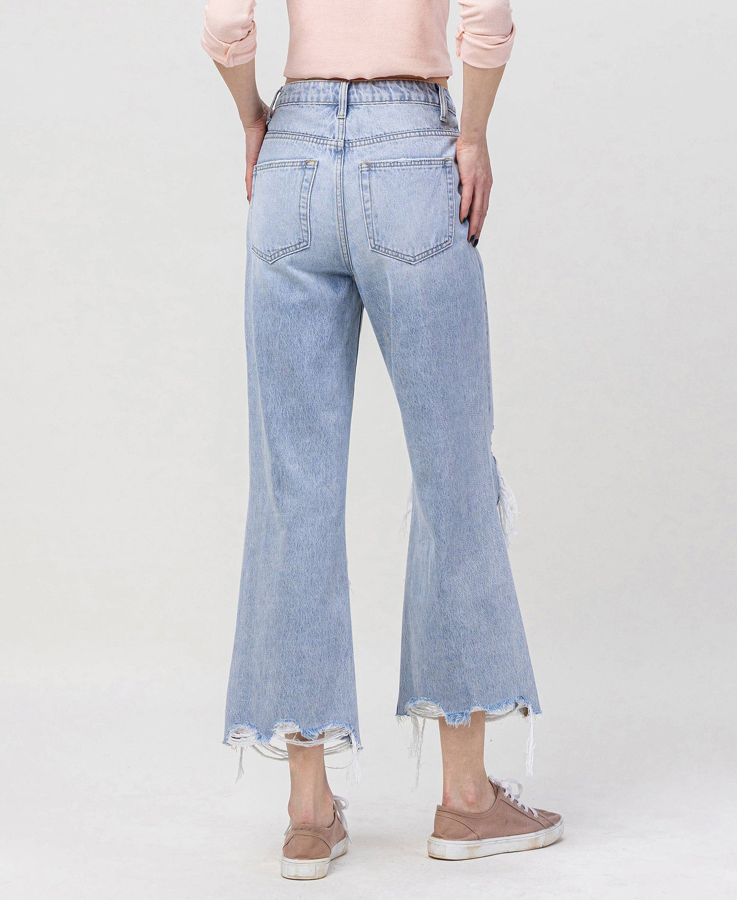 90s Throwback Super High Rise Crop Flare Jeans – Distressed Raw Hem Vintage Denim Vervet V2839