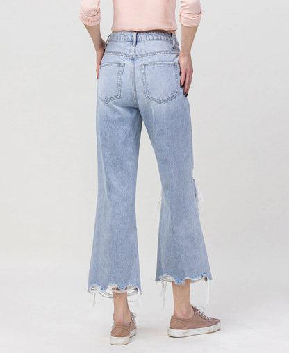 90s Throwback Super High Rise Crop Flare Jeans – Distressed Raw Hem Vintage Denim Vervet V2839