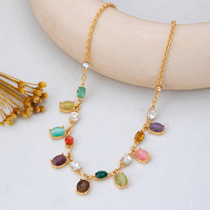 Rainbow Cat’s Eye Charm Necklace | Gold Multi-Color Stone Statement Necklace