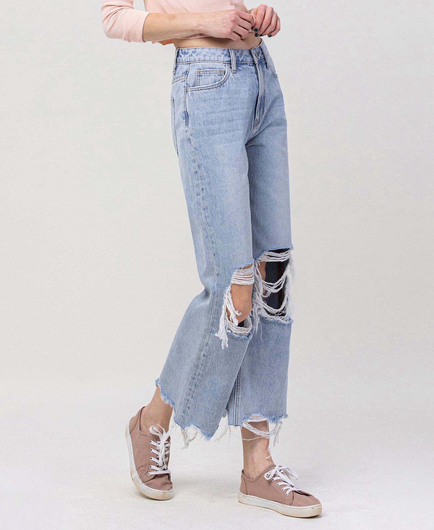 90s Throwback Super High Rise Crop Flare Jeans – Distressed Raw Hem Vintage Denim Vervet V2839