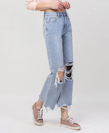 90s Throwback Super High Rise Crop Flare Jeans – Distressed Raw Hem Vintage Denim Vervet V2839