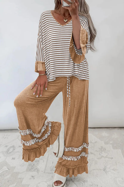 ~PREORDER~ Khaki Stripe Ruffle Trim 2-Piece Lounge Set ~PREORDER~