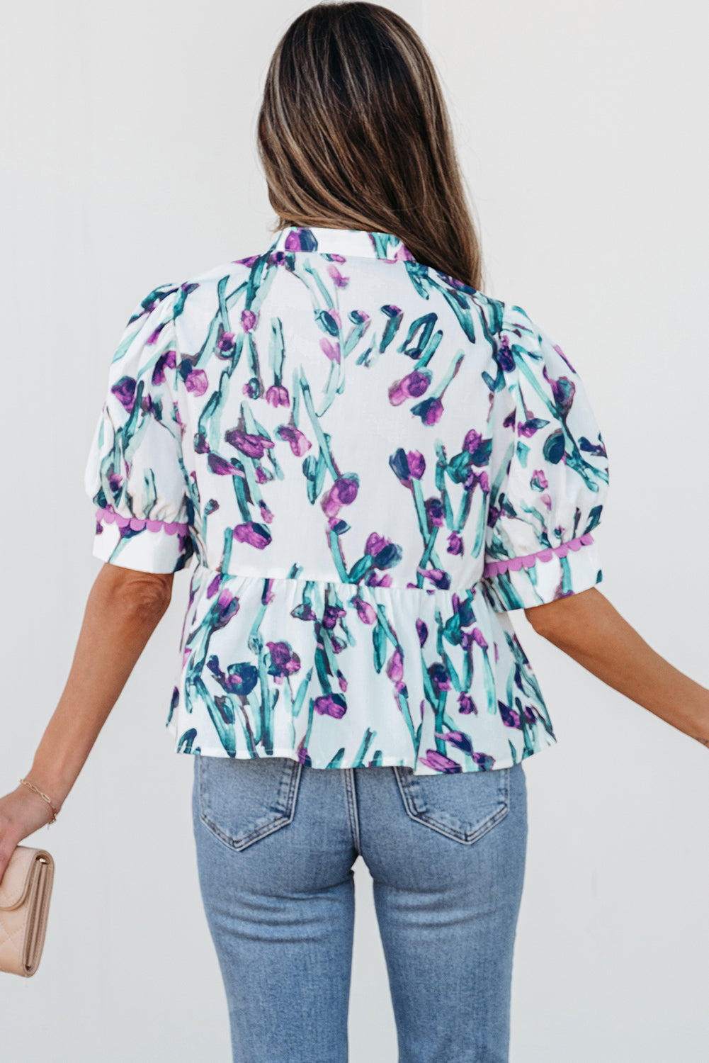 Purple Floral Ricrac Trim Half Sleeve Peplum Top | Romantic V-Neck Ruffle Blouse