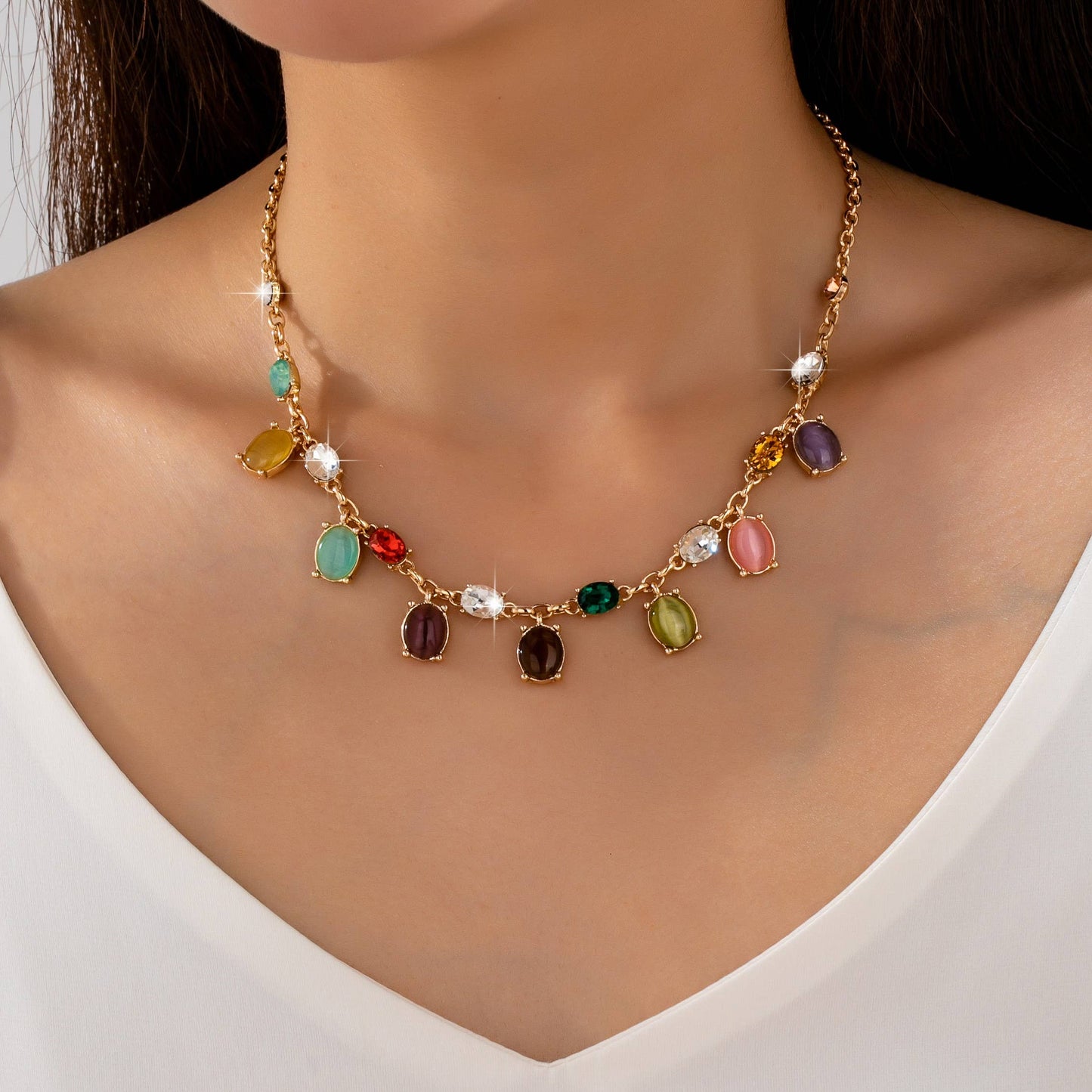 Rainbow Cat’s Eye Charm Necklace | Gold Multi-Color Stone Statement Necklace