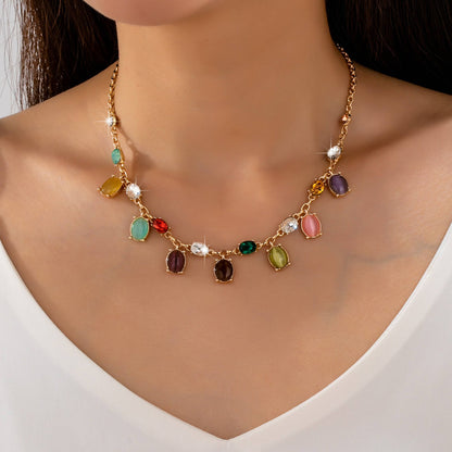 Rainbow Cat’s Eye Charm Necklace | Gold Multi-Color Stone Statement Necklace