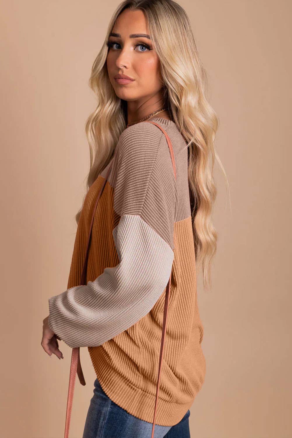 Color Block Long Sleeve Ribbed Loose Top