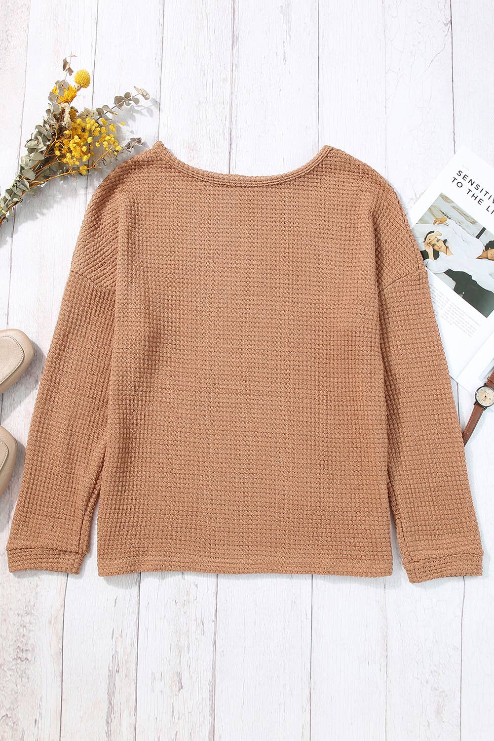 Waffle Knit Drop Shoulder Long Sleeve Top