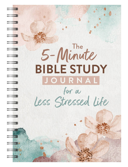 “The 5-Minute Bible Study Journal for a Less Stressed Life — front cover floral design”

“Inside pages showing daily devotional format: Read, Understand, Apply, Pray”

“Spiral bound devotional journal—pocket-friendly size”