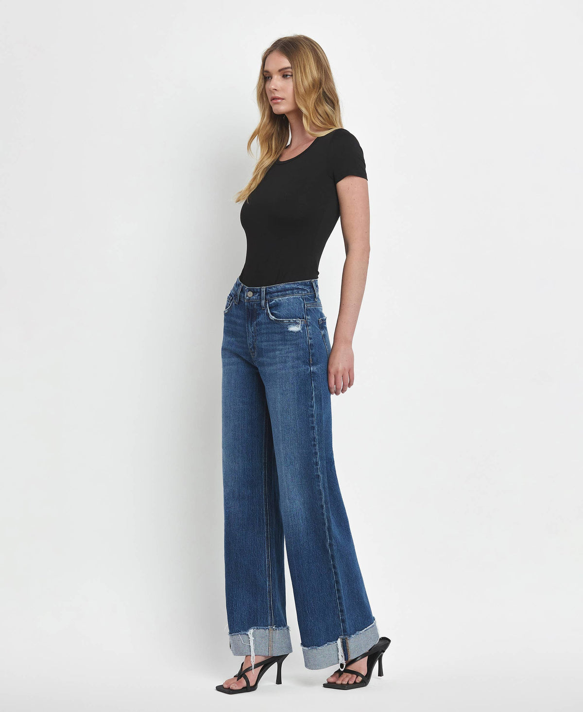 Vervet Super High Rise Baggy Wide Leg Jeans | Dark Wash Cuffed Denim T6614