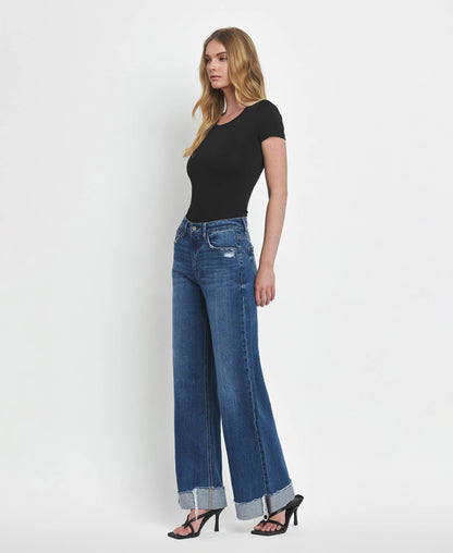 Vervet Super High Rise Baggy Wide Leg Jeans | Dark Wash Cuffed Denim T6614