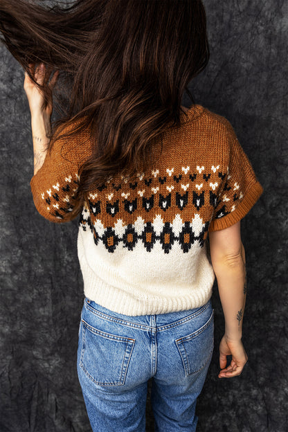 ~PREORDER~ Brown Geo Knit Sweater Vest | V Neck Short Sleeve Boutique Pullover Sweater ~PREORDER~