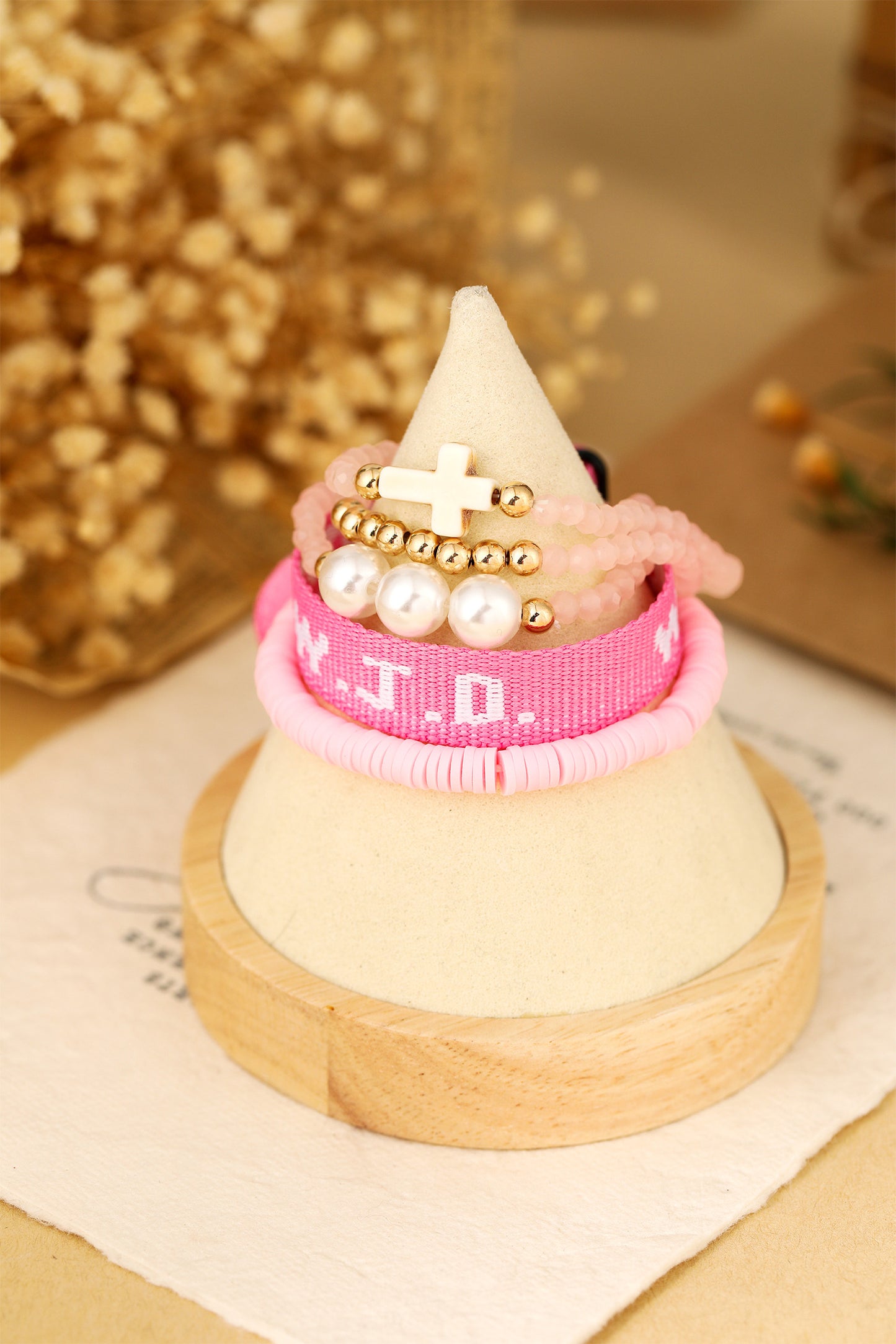 Pink WWJD Bracelet Set – Faith Beaded Stack with Cross & Pearl Details (5pc Set)