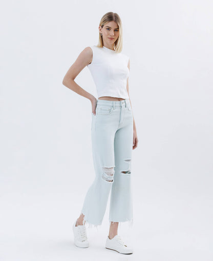 High Rise Distressed Crop Wide Leg Jeans – Frayed Hem Comfort Stretch Denim Vervet T6839