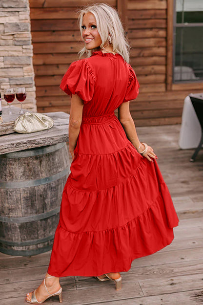 Red Tiered Maxi Dress – Puff Sleeve V Neck High Waist Flowy Summer Dress for Women