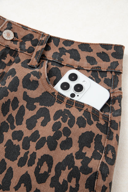 Wild Side Leopard Denim Midi Skirt | Brown Frayed Hem Stretch Skirt