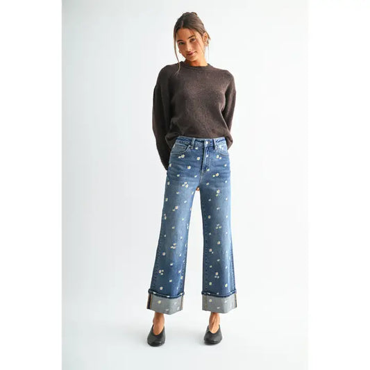 Mica Denim Daisy Daydream Cuffed Jeans | High-Rise Floral Embroidered Wide Leg Denim