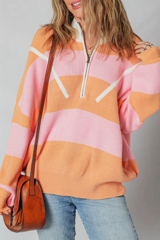 ~PREORDER~ Peachy Pink Colorblock Half Zip Oversized Sweater ~PREORDER~