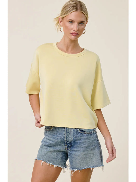 Boxy Short Sleeve Scuba Knit Top – Cropped Relaxed Fit Structured Scuba Shirt