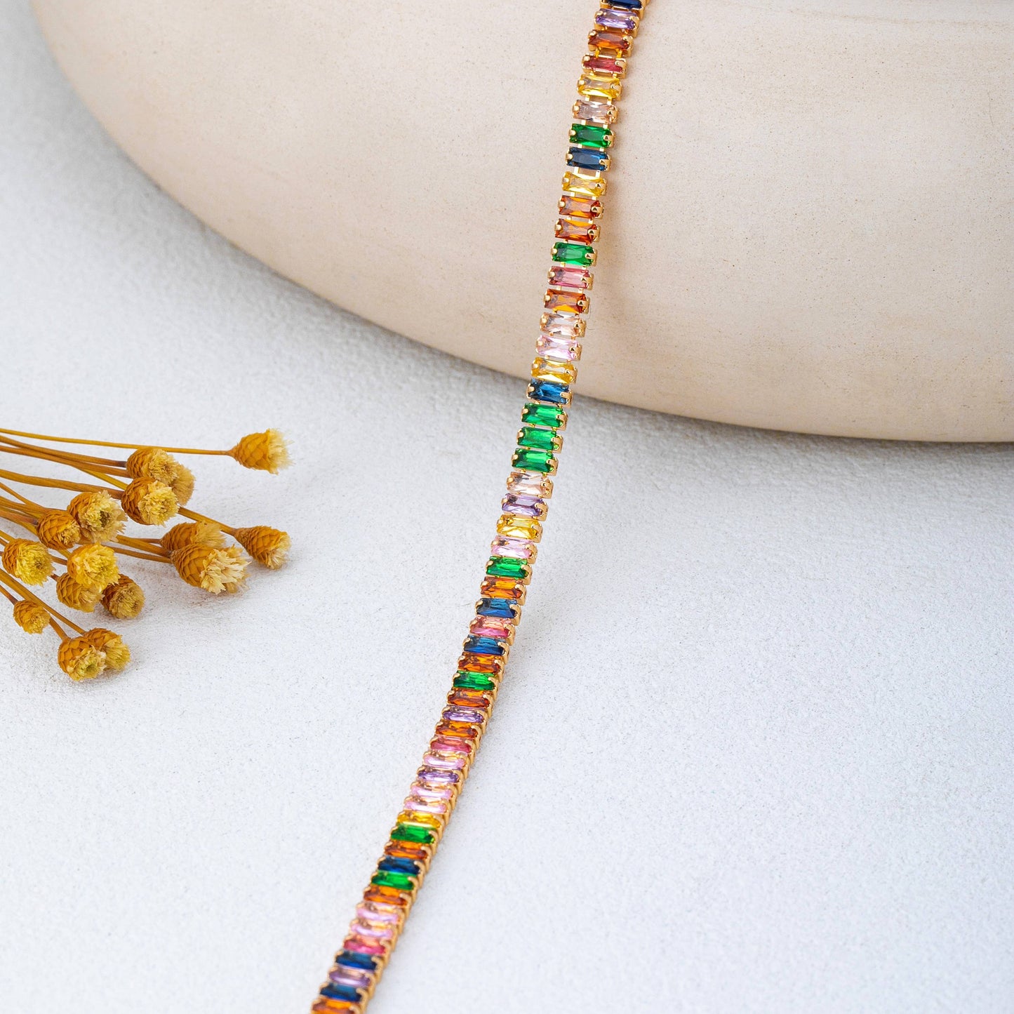 Color Bar Bezel Necklace | Gold Multicolor Baguette Station Necklace