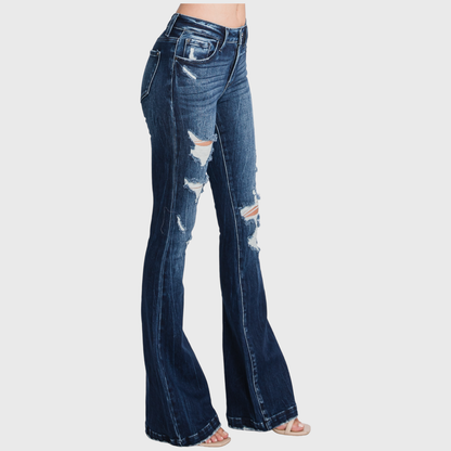 Petra Mid Rise Flare Jeans | Distressed Stretch Trouser Hem Denim