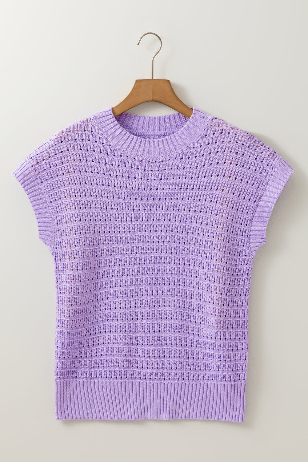 Lavendula Pointelle Knit Short Sleeve Sweater – Ribbed Trim Top