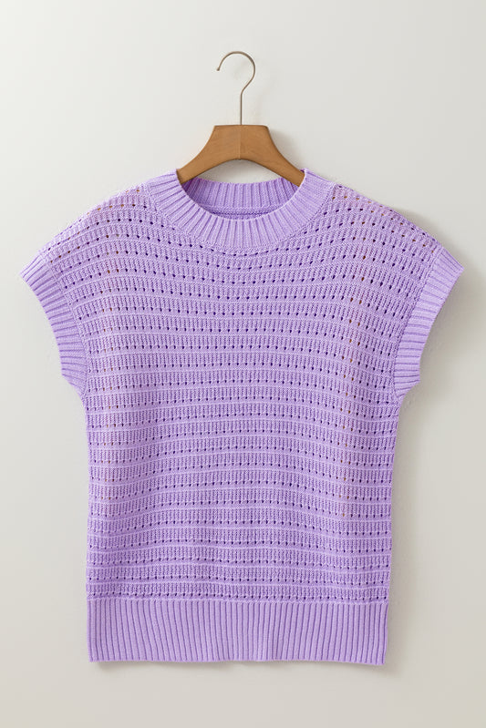 Lavendula Pointelle Knit Short Sleeve Sweater – Ribbed Trim Top