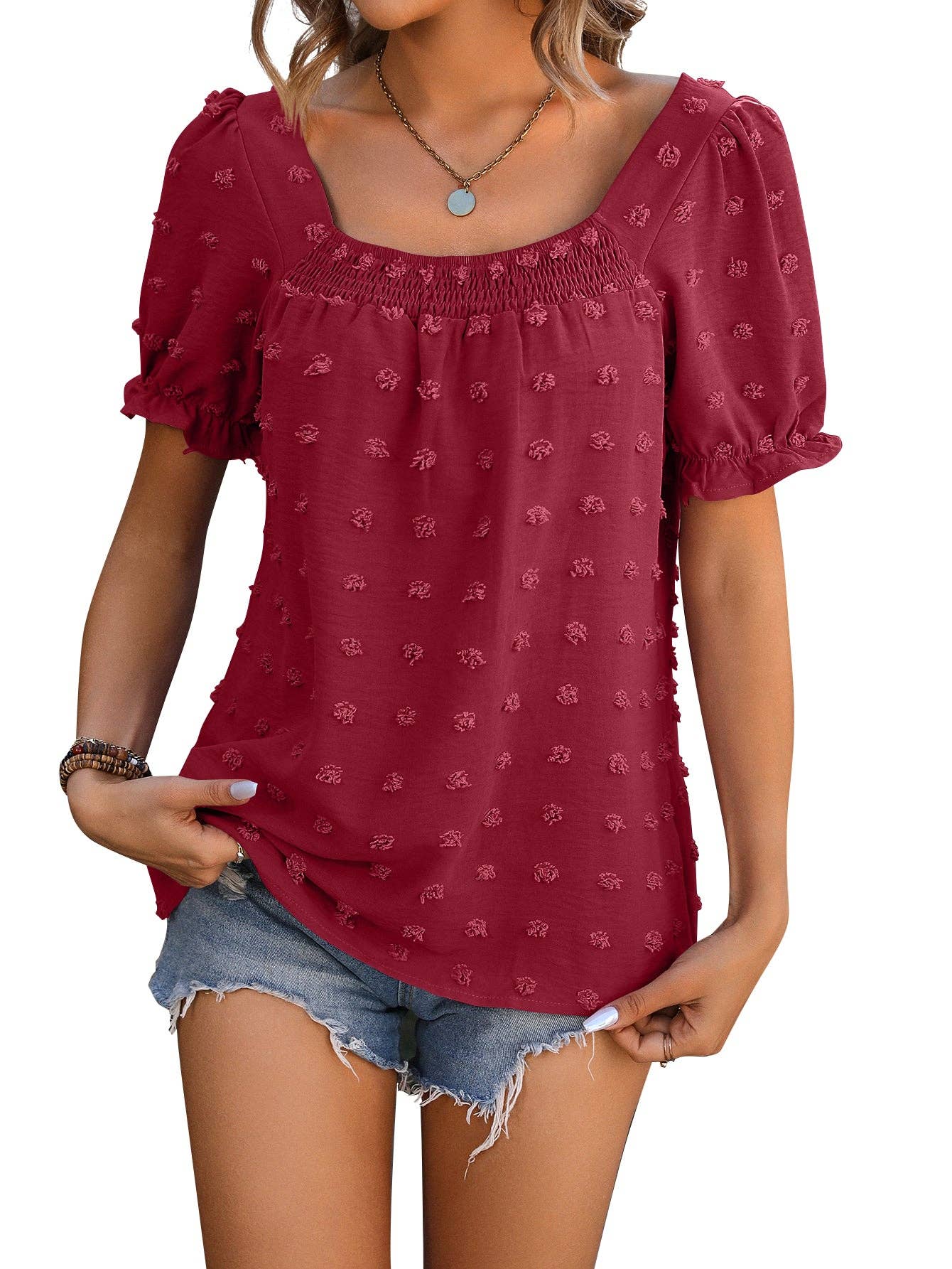 Short Sleeved Solid Color Square Neck Bubble Blouse