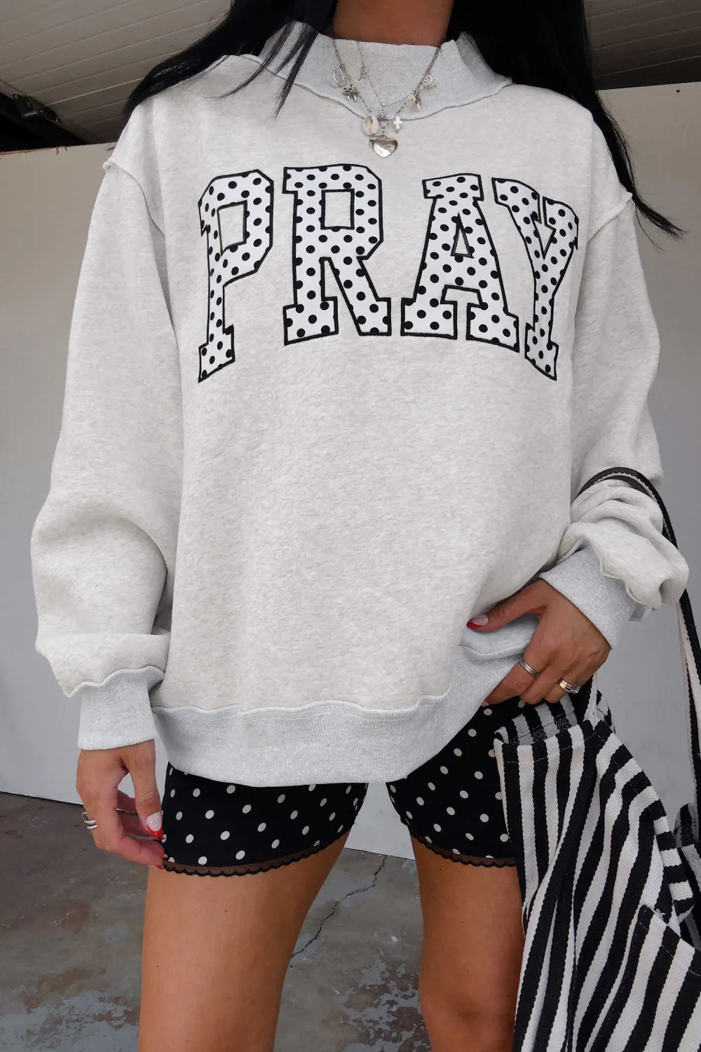 ~PREORDER~ Gray PRAY Polka Dot Embroidered Mock Neck Sweatshirt ~PREORDER~