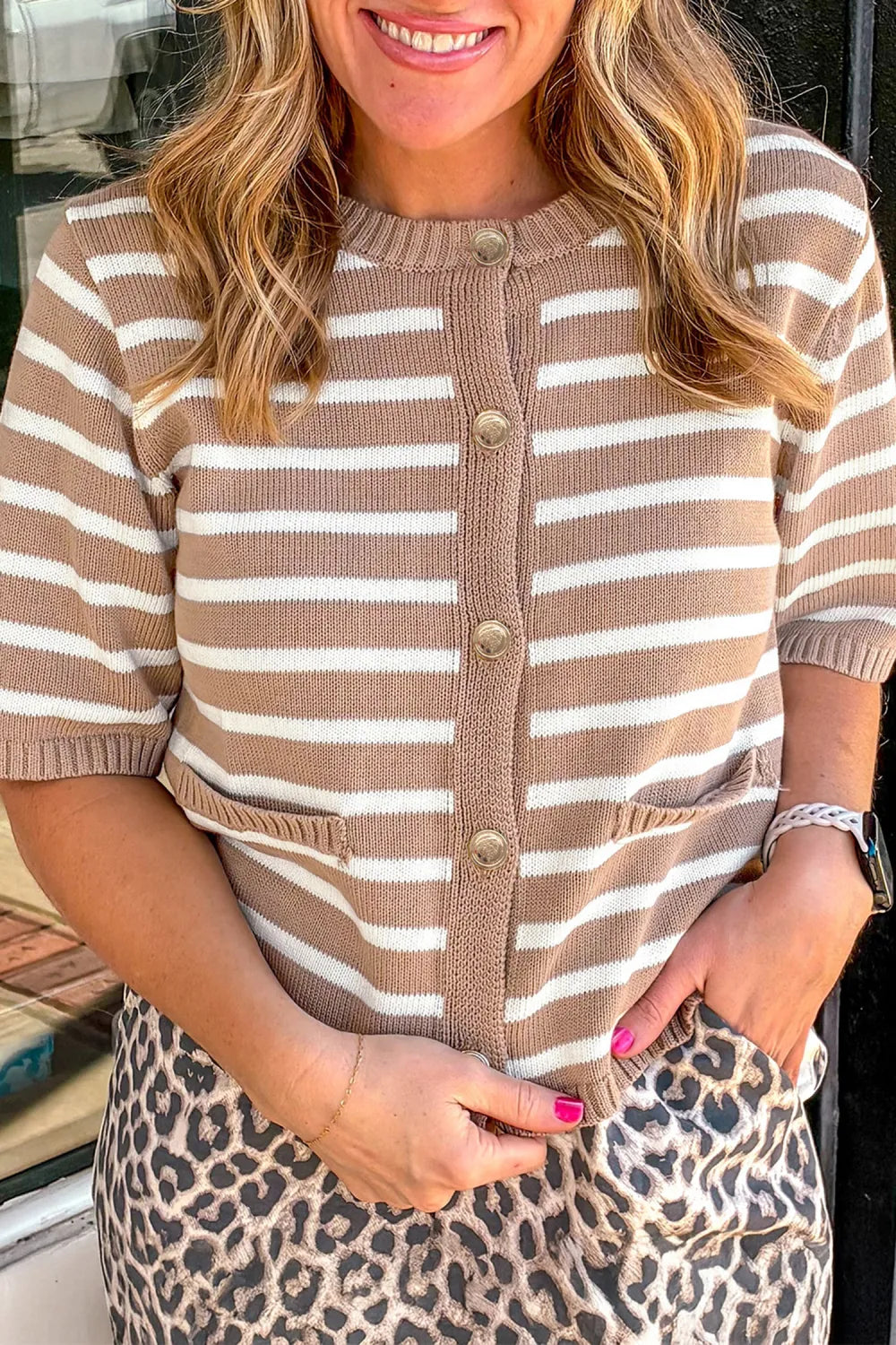 ~PREORDER~ Khaki Stripe Button Front Short Sleeve PLUS SIZE Knit Cardigan ~PREORDER~